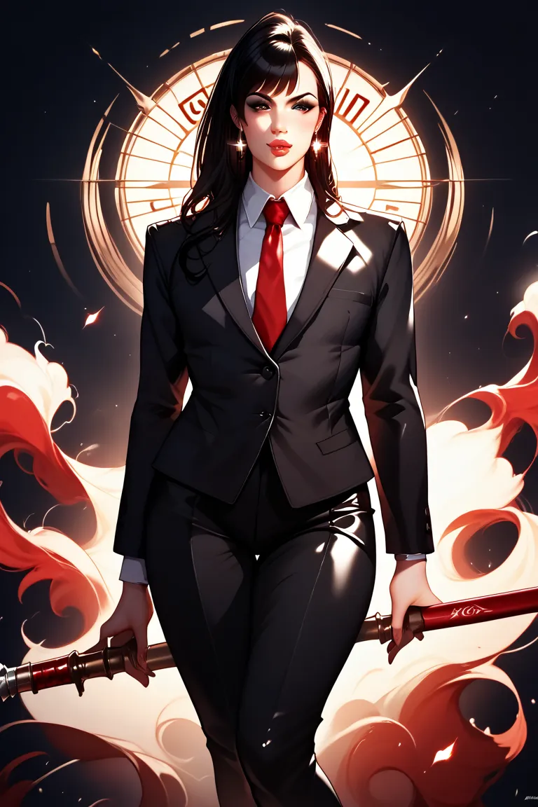 mature femboy long straight black hair voluminous giant breasts very big black eyes black suit red tie black voluminous lips black eyeliner red earrings