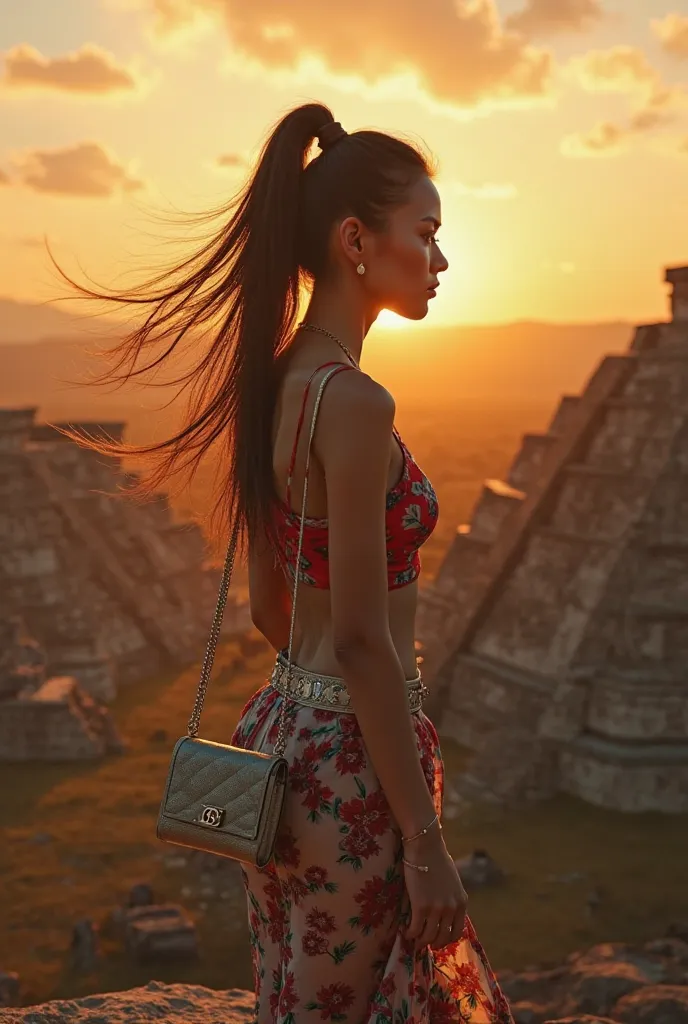 A surreal fantasy of a mesmerizing
Thai woman, 18 years old, gracefully
towering over the Mayan pyramids o
Chichen ltza. Her high ponytail flows r
in the warm wind as she gazes down
at the ancient ruins with curiosity
She wears a stylish and seductive
outf...