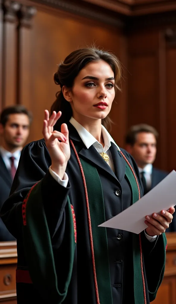 A determined and passionate female lawyer is standing in a grand courtroom, delivering a powerful defense speech. The camera angle is low, emphasizing her authority and confidence. She wears a black tailored suit with a crisp white shirt and a gold brooch ...