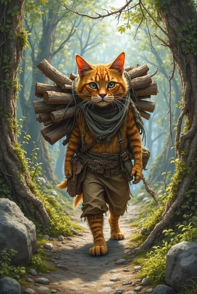 How an orange-colored Cat in tattered clothes walks to a firewood collection point with a bundle of firewood on his shoulder.