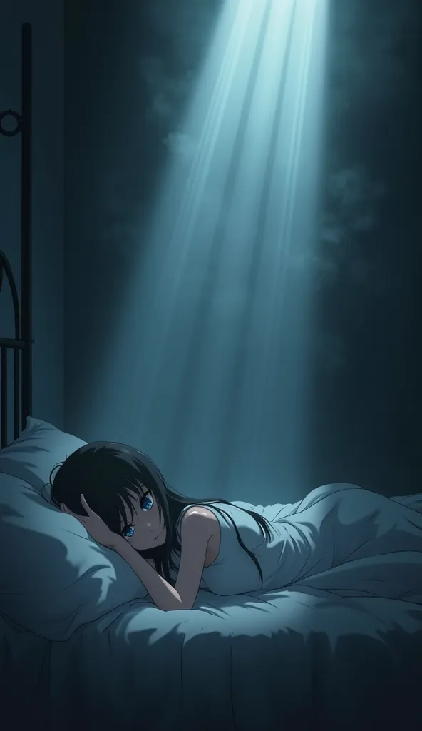 A volumetrically lit Isekai anime scene in ultra detail, featuring a pretty girl with long dark hair, slim waist, medium hips, and blue eyes, sleeping in bed.  The style is retro anime, with an eerie, creepy atmosphere, dark tones, and unsettling details. ...