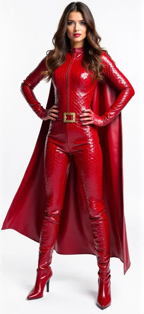 A beautiful and gorgeous brown wavy hair female hero wearing leather red honeycomb textured tight fit leather spandex two pieces costume. Red gloves and belt and boots.. hero suit with red leather hip cape, holding a magical wand..,,standing in a super her...