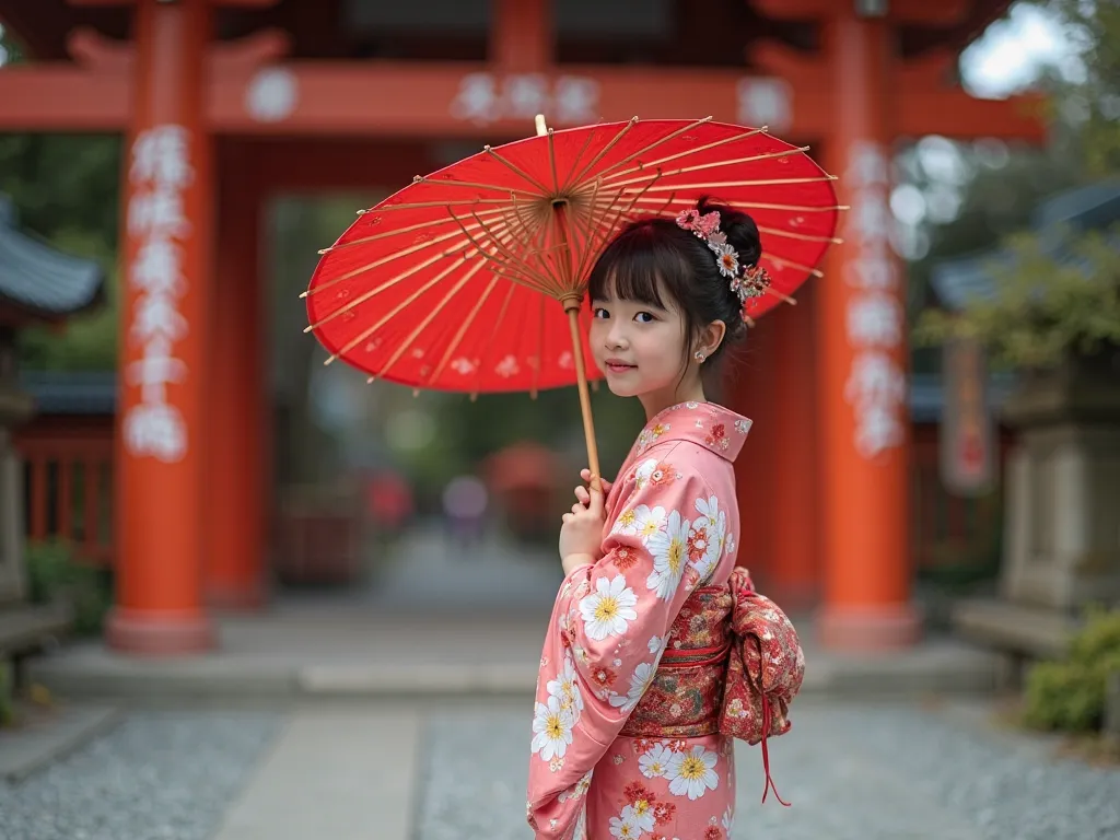 A girl wearing a kimono holding the world's smallest Japanese umbrella,Stopped at a shrine,unquestionably adorable and charming.photo accurately captures the subtle characteristics of a girl wearing a kimono holding a realistic miniature Japanese umbrella....