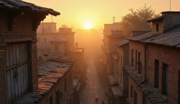 From the vantage point of an aged rooftop in old Lahore, the camera captures the awe-inspiring moment of dawn as the rising sun emerges. The early golden light spills over the horizon, illuminating the timeworn edges of a weathered house’s roof and reveali...