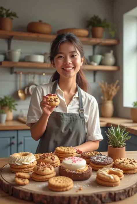  Here's a prompt to generate an image :

"Create an attractive and inviting image that promotes the course 'Cookies Gourmet School'.  The image must include :

- A rustic wooden table with a variety of gourmet cookies perfectly decorated and arranged in ar...