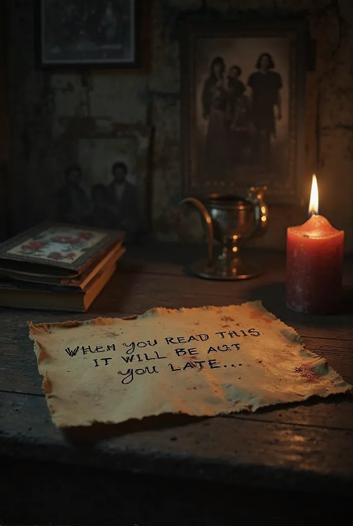 Create a dark and eerie image of an old, yellowed letter with the text 'When you read this, it will be too late...' written in shaky handwriting. The letter is stained with what looks like blood, and it lies on a wooden table with a dim candle flickering n...