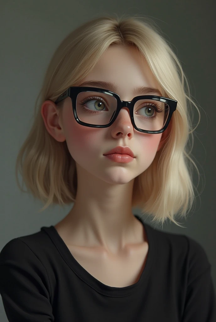 Une fille, 16-year-old blonde with straight hair wearing black square glasses 