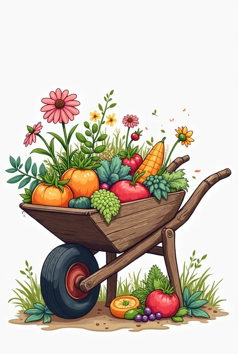 A 2D vector illustration of a cartoon-style wheelbarrow filled with colorful flowers and vegetables, on a white background." 