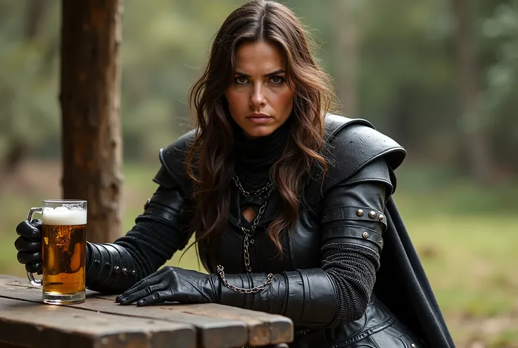 A very matronly caucasian Woman Warrior In Black chain Leather Warrior Outfit Sitting at a picnic table, Long brown Hair, tanned White Face Skin, brown Eyes, Holding A Sword Weapon rests against table and an ivory pint of beer in the other, High Resolution...