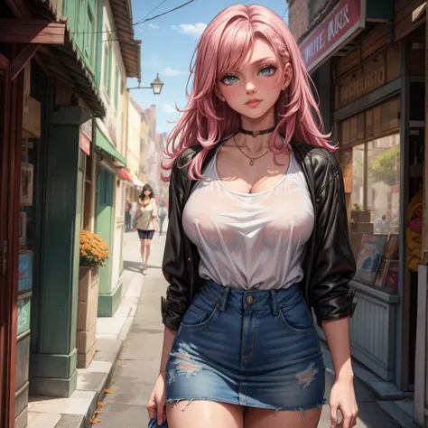 Masterpiece, beautiful art, 8k, art style by sciamano240, very detailed face, detailed hair, detailed clothes, detailed fabric, 1girl, beautiful face, long hair, hot pink hair , model head shot, facing camera, very detailed green eyes, sultry smile, wearin...