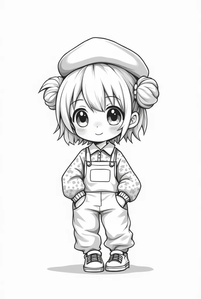 (masterpiece, highest quality:1.2), adorable anime-style character, pure white background, 1 cute girl, standing alone, big sparkling eyes, cheerful and playful expression, two neatly tied buns hairstyle with soft strands, wearing a stylish beret hat, flor...