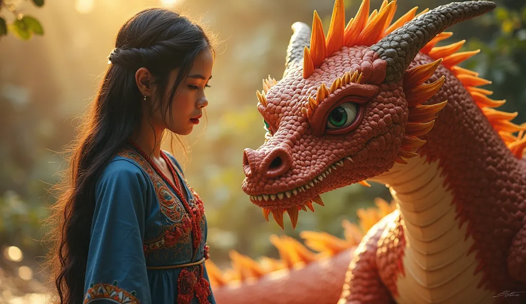 A serene scene where the dragon, now a protector, glows softly with warm, golden scales. Its expression is gentle as it thanks "Princess Among" (A Malaysian woman with long black hair is wearing a long tribal-looking dress that is blue on top, has a long-s...