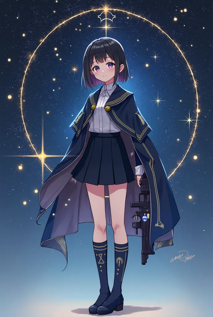  two-dimensional，dark blue gradient circular star track，The halo of a golden pulsar suspended in the center，
▸ main equipment：navy blue short cape（The lining is embroidered with the Summer Triangle constellation）+ white standing collar academy 
▸ Details：n...