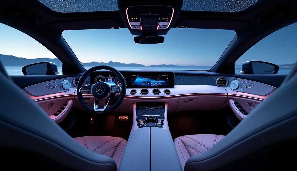 The luxurious interior of a 2025 Mercedes-Benz, featuring ambient futuristic lighting, premium leather seats with diamond stitching, and a sleek digital dashboard. The cabin is illuminated by a panoramic sunroof with a starry sky effect. A high-tech infota...