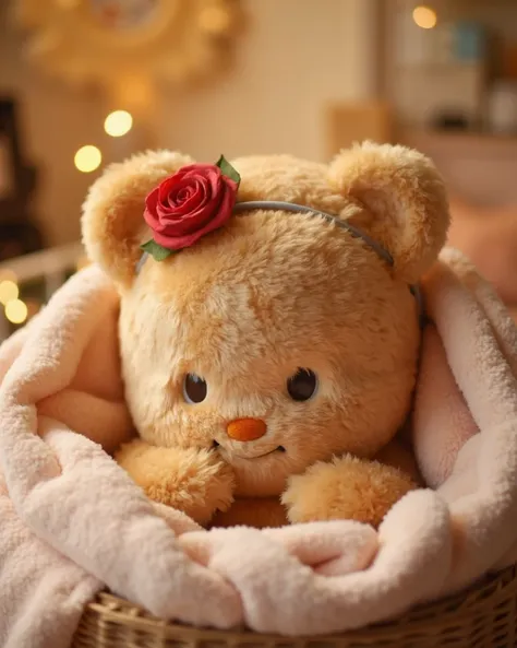 A realistic newborn Butterbear in a warm, cozy setting. The tiny fluffy brown bear cub, with soft, downy fur, lies in a nest of plush blankets, its eyes barely open. A small red rose headband rests gently on its head. The scene is softly lit, with a golden...