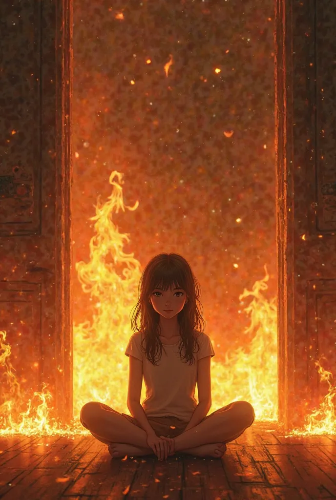 Fire around the room and girl sit here