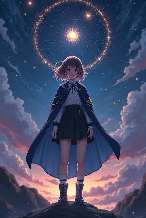  two-dimensional，dark blue gradient circular star track，The halo of a golden pulsar suspended in the center is overhead，
▸ main equipment：navy blue short cape（The lining is embroidered with the Summer Triangle constellation）+ white standing collar academy ...