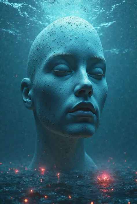 An image of a huge face inside an ocean floor lots of blue and red light 