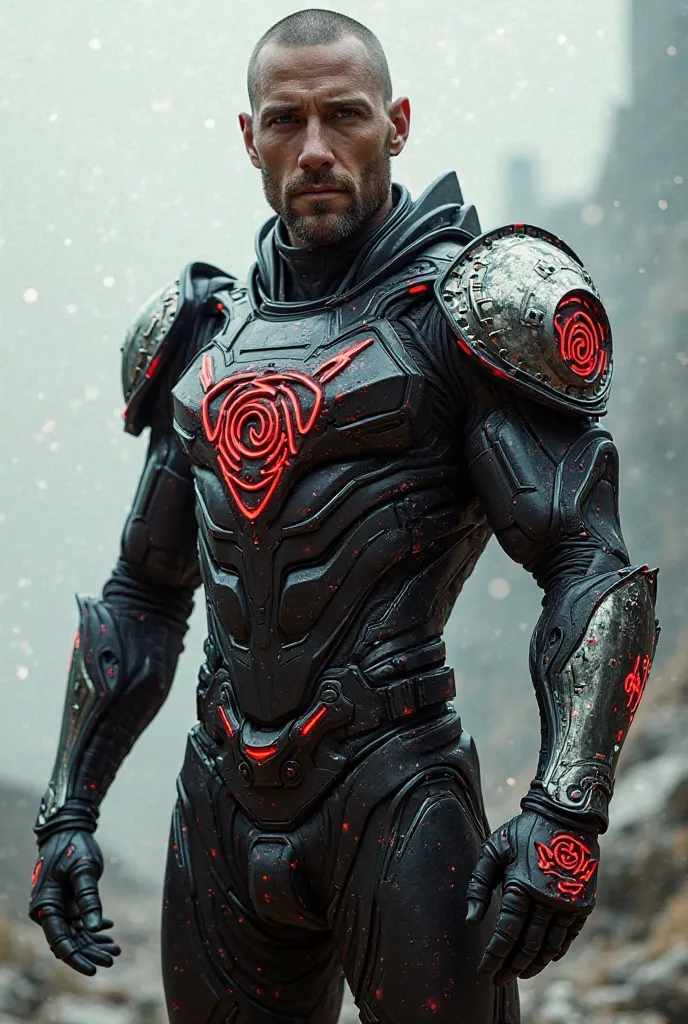 A male with black sci fi armor. It has silver gauntlets and a swipver chestplate. On the chestplate and gauntlets there is red graffiti symbols.