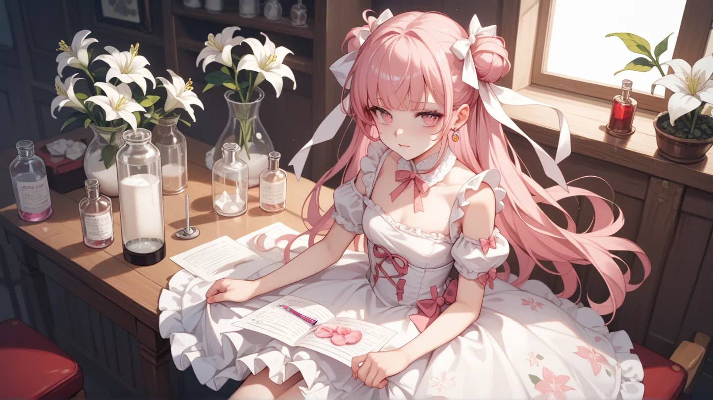  Pale pink hair, long, frames the face and is often tied with ribbons.

Dull pink eyes. Dilute sadness and tenderness

PALE WHITE SKIN WITH FAINT BRUISES AND HEALING SCARS

Wear a white-pink dress with a white lily pattern

The limbs were partially bandage...