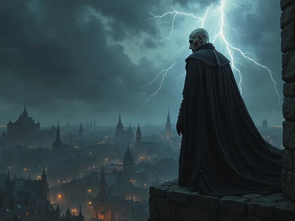 "A storm rages outside as Vlad stands on his castle balcony, the wind whipping his long black cape. Lightning flashes, illuminating his pale, blood-streaked face. Below, his terrified subjects watch in silence, knowing their ruler is no longer human."