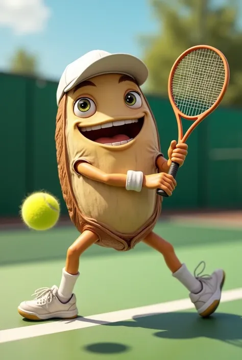 "Create an image of a pistachio nut personified as a tennis player. The pistachio nut is wearing a sporty tennis outfit, holding a racket, and playing an intense match on a bright outdoor tennis court. The nut’s facial expression should be focused and comp...