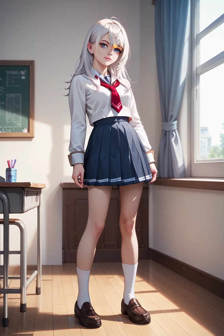 Alya - girl,  7 breast size ,  white hair, blue eyes, in school uniforms, full length, 2D