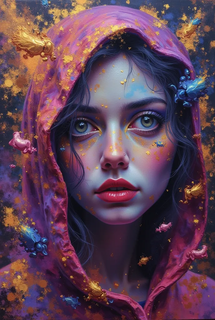 An art-style painting depicting an abstract, blurred female face. The face is done in bright and saturated colors such as purple, blue and gold, red. Part of the face is covered by a hood. Facial features such as lips and eyes are emphasized by light effec...