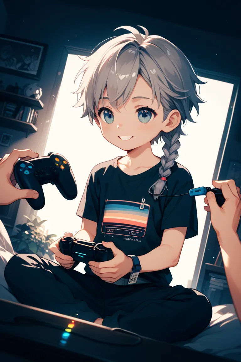 Boy with gray hair, boy with 1 braid, boy with 1 knot, looks like having a fun game controller 1 person