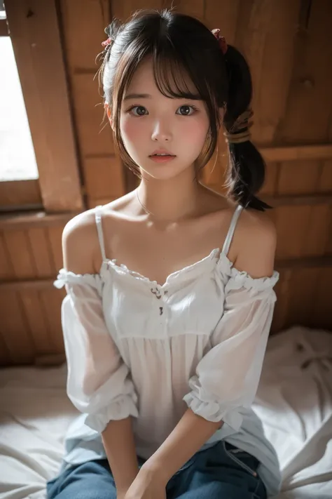 Inside a room in an old hut at midnight、、Cute Lori Girl Twin Tails、