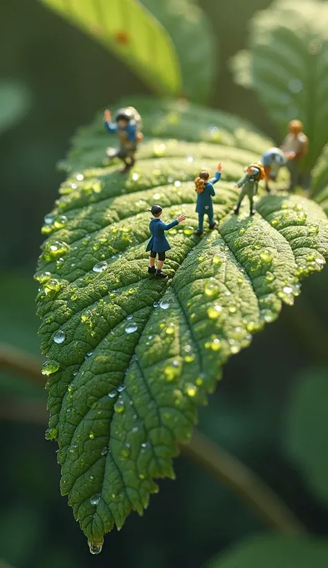 Drops of dew run down the leaves. The characters move across the petals and leaves, naturally adapting to the shape and scale of the object. Some communicate with gestures, others discuss further actions.