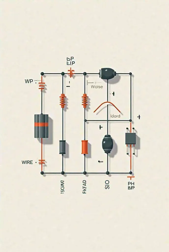 I want a simple looking circuit board that has 6 components including: battery, wire, switch, resistor, capacitor, transistor. Can you label them by name.