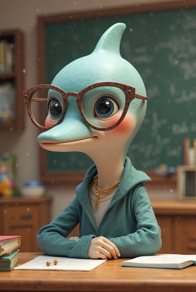 young teacher with a dolphine head wearing spectacles