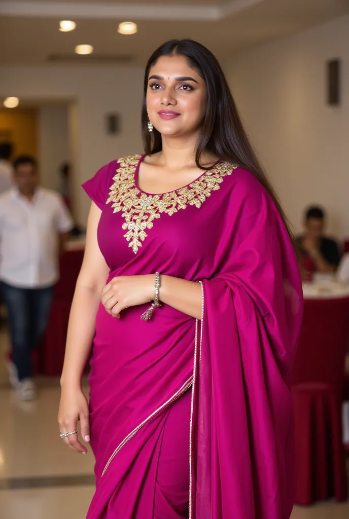 A woman in a vibrant magenta sari, adorned with gold embellishments, stands in a well-lit indoor setting.

The scene is composed with the woman centrally positioned, drawing the viewer's focus.  She is presented in a three-quarter view, and her pose is nat...