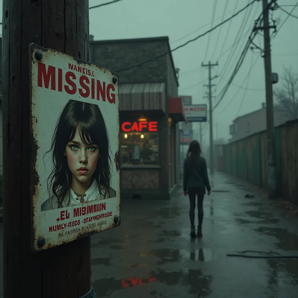 In the foreground is a missing person poster on a telephone pole. It is a young girl with dark brown hair and green eyes. In the background, a girl stands in front of a cafe. Misery vibe