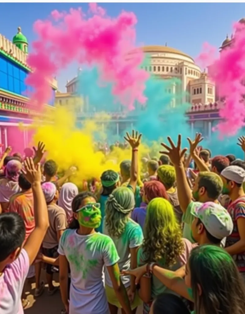 Persone che festeggioano Holi Indian Festival, vibrant athmosphere, coulored  people, happiness

