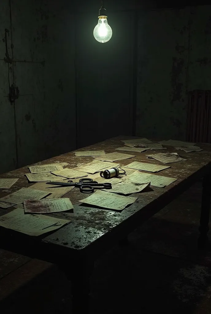 Create a dark and unsettling image of a dimly lit room with a wooden table covered in old, crumpled letters and faint bloodstains. On the table, there are strange, ambiguous objects that suggest torture tools—rusty scissors, a roll of wire, and a few needl...