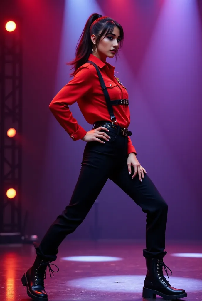 Young female performer, mid-20s,  in a dynamic stage performance.  Sharp, vibrant crimson button-up shirt, black tailored pants, and dark leather combat boots.  A black,  leather-like strap/harness accents the attire.  A high ponytail with touches of burgu...