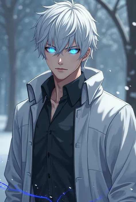 very tall, lean, and muscular man in his late twenties who is considered relatively attractive, mainly due to his facial features. He has snow-white hair and the Six Eyes, which are a vibrant blue color.