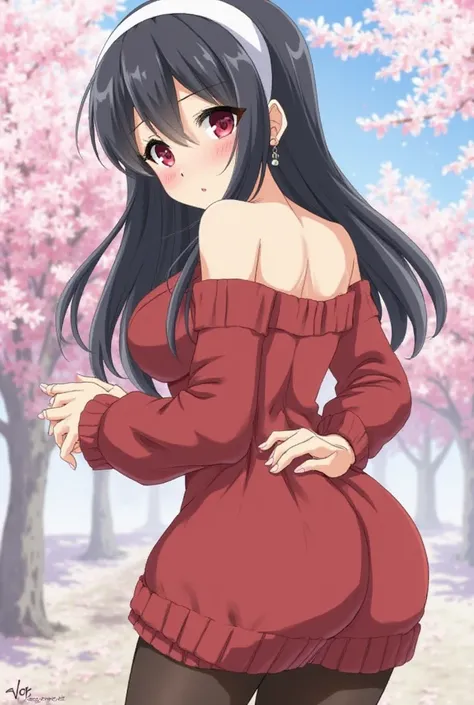 score_9, score_8_up, score_7_up, source_anime,yor briar, black hair, red eyes, ass, ass grab, hands on ass, earrings, white hairband, hairband, long hair, sidelocks, bare shoulders, collarbone, dress, long sleeves, off shoulder, off-shoulder dress, off-sho...