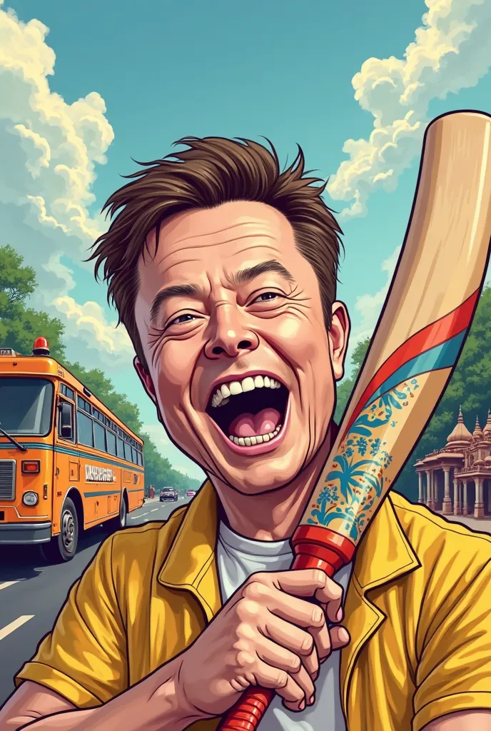 Elon Musk’s face (looking excited or surprised).
An Indian bus in the background (preferably a colorful, local one).
Elon Musk playing cricket with s (a snapshot of him holding a bat).
A plate of Indian food (butter chicken, dosa, or biryani to make it rec...