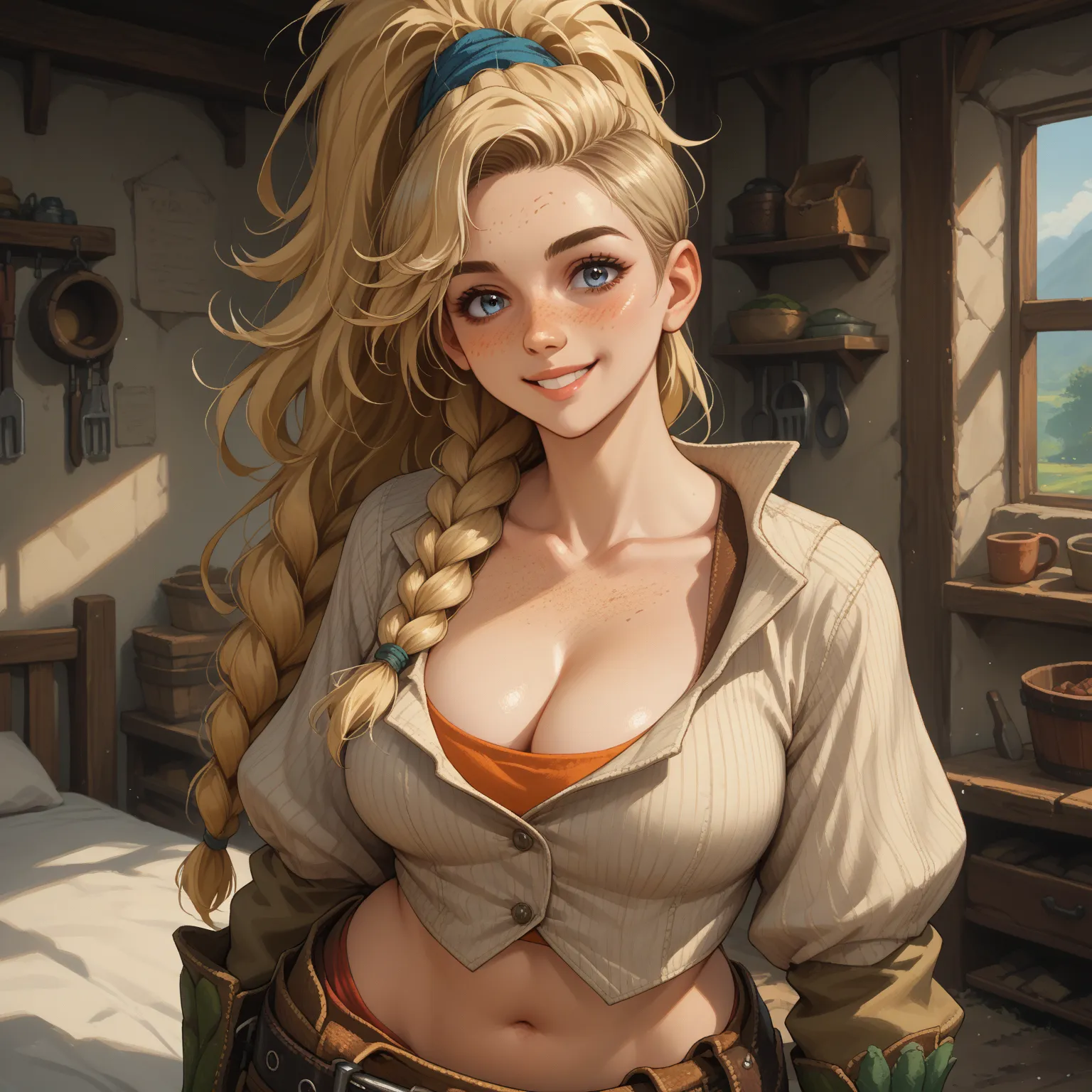 score_9, score_8_up, score_7_up, source_anime, solo, 1girl, mhGemma, blonde hair, long hair, high ponytail, braid, blue eyes, freckles, crop top, single gauntlet, tool belt, brown pants, chaps, large breasts, cleavage, midriff, upper body, smile, standing,...