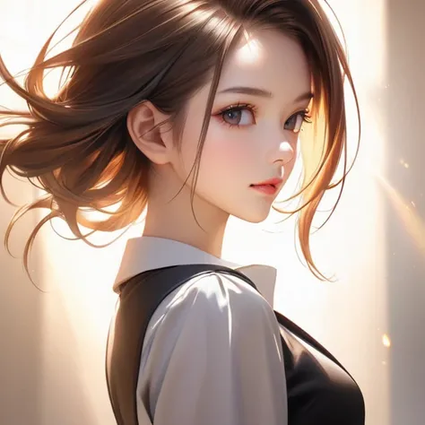 FINALFantasy,A beautiful and Brightness young business woman. fox Essence, The background is minimalistic, emphasizing her presence. Extraordinary fashon, The image should be refined, realistic, and high-quality, with a soft lighting effect that enhances h...