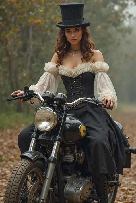 Prompt for a Photorealistic Artistic Image

A young woman dressed in elegant Victorian attire sits in an Amazonian position on a Royal Enfield-style motorcycle. Her body is slightly turned to one side, with both legs placed together on one side of the bike...