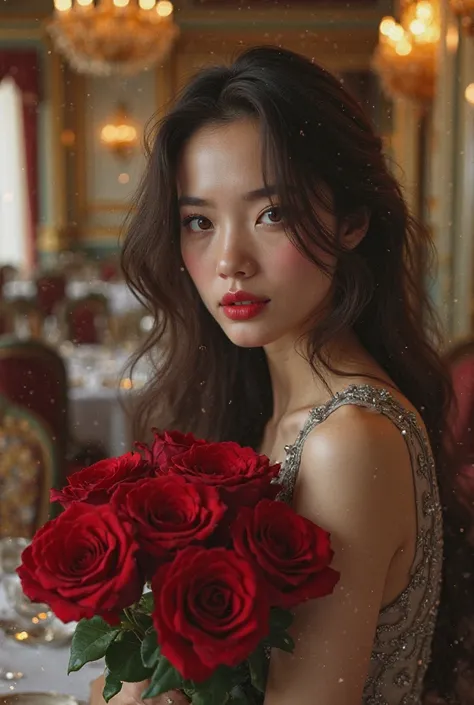 I want you to use the photo of the girl with the roses, but the background should not be a forest, but a restaurant. Please make the photo as realistic as possible.