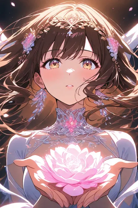 high quality　best image quality　Super Detail　Hi-Res　WHITE DANCER 　long brown hair　  pink flower hair ornament  　 medium chest　 face up　anime style