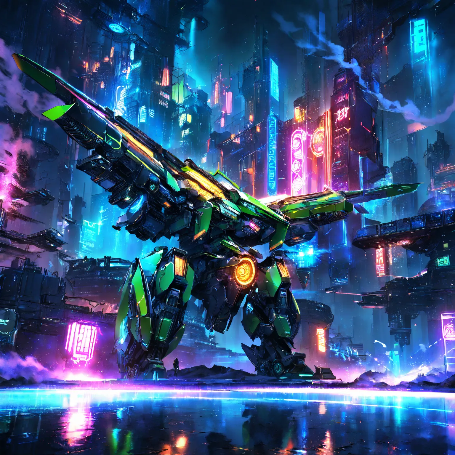 dark scenery, Green mecha bird, decaying city,  detailed, 8k, studio lighting, vibrant colors,  dark atmosphere, complex mechanics, advanced technology,  neon lights, luminous reflections , Smoke effects ,  metallic textures 