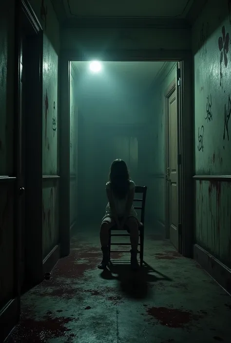 Create a chilling image of an abandoned house interior, with a young girl tied to a chair in a dimly lit room. The walls are covered in disturbing symbols and bloodstains, and the atmosphere is tense and terrifying. The scene is hyper-realistic, with detai...