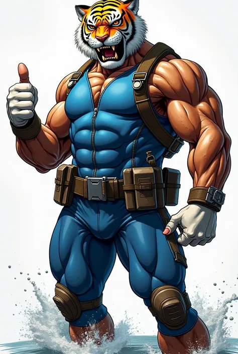 (A rugged beefy extremely muscular bulky old man), (wearing blue fully-zipped fullbody wetsuit with short swimming pants that show his muscular thighs), (wearing realistic roaring tiger mask), thumbs up pose, wearing bulky harness, wearing bulky scuba gear...