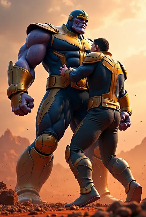 Create an image of Darkseid choking Thanos with 1 hand at a low angle on mars